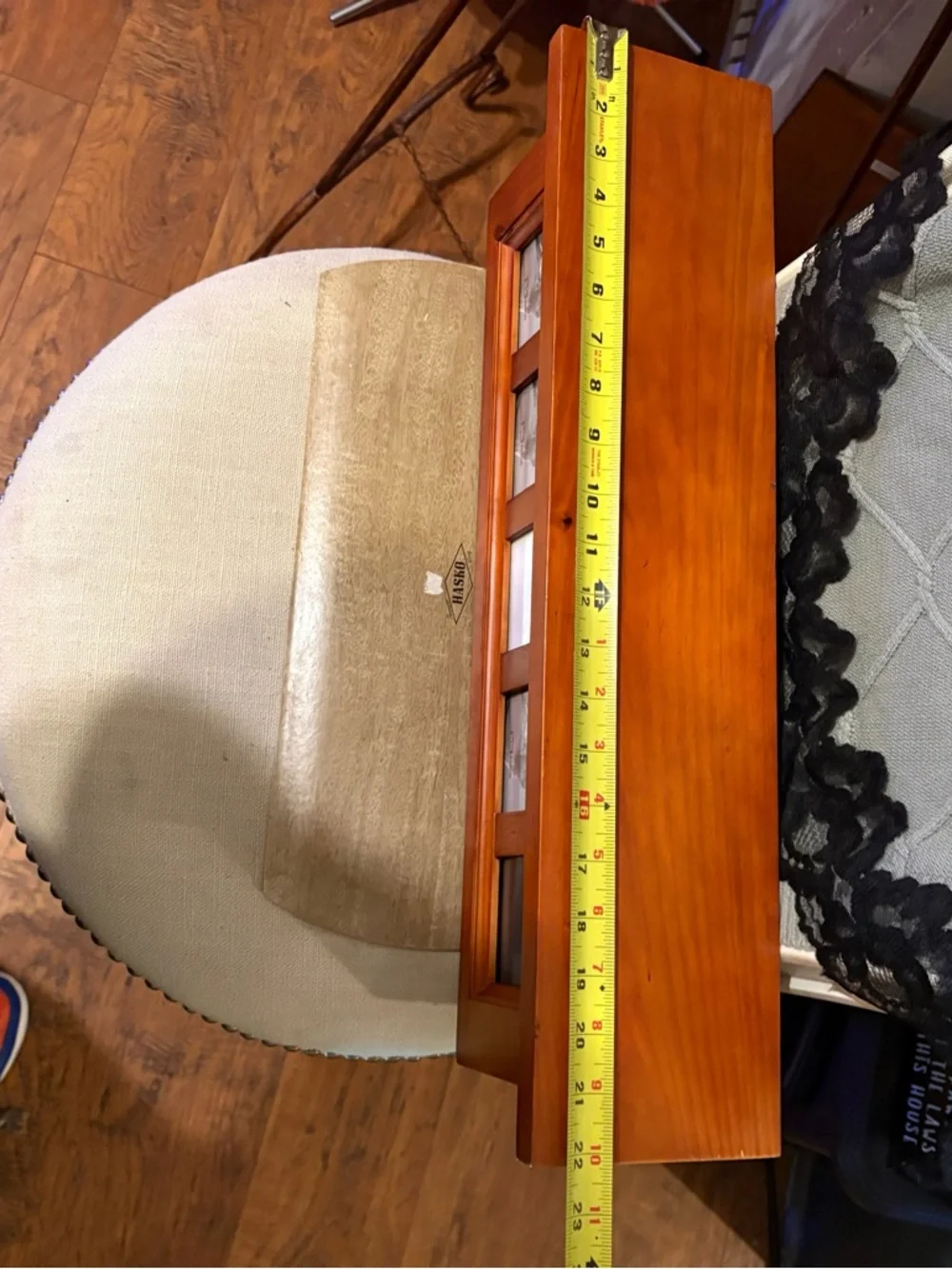 22’ Wall Hanging Wooden Shelf W/5 2.5x2.5’ Picture Framed Border W/glass Inserts